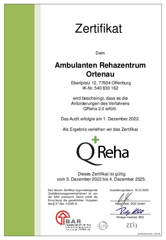 Zertifikat: Ambulantes Rehazentrum